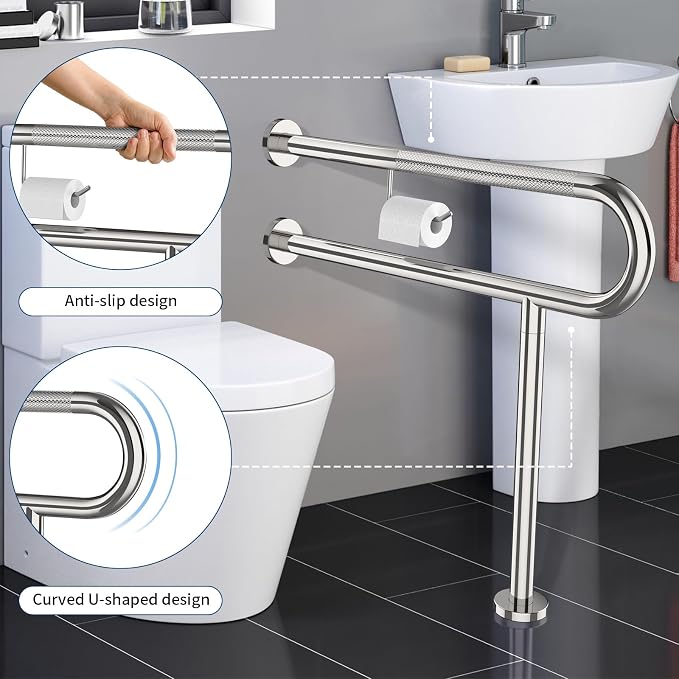 Toilet Grab Bar with Leg 31.5x28 Inch, ZUEXT Chrome Knurled Toilet Support Bar with Toilet Paper Holder,Stainless Steel Wall & Floor Mounted Bathroom Support Rail for Seniors Elderly Disabled Pregnant