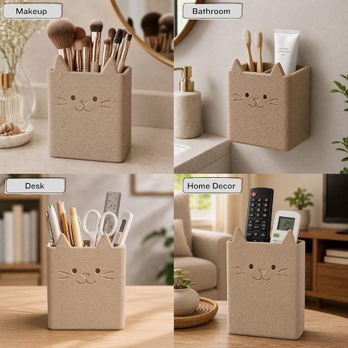 Office Desk Accessories, Set of 2 Pencil Cups, Cute Cat Pen Holder, Cute Desk Decor, Bathroom Organizer, Toothbrush Holders with Drainage, Makeup Brush Organizer, Cat Lover Gifts (Matte Latte Brown)