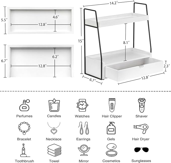 2-Tier Bathroom Organizer Countertop with Drawer, Wood Counter Organizer for Bathroom Decor, Sink Shelf for Vanity Storage, Makeup Tray for Perfume Skincare, Spice Rack Bedroom Kitchen Corner ﻿