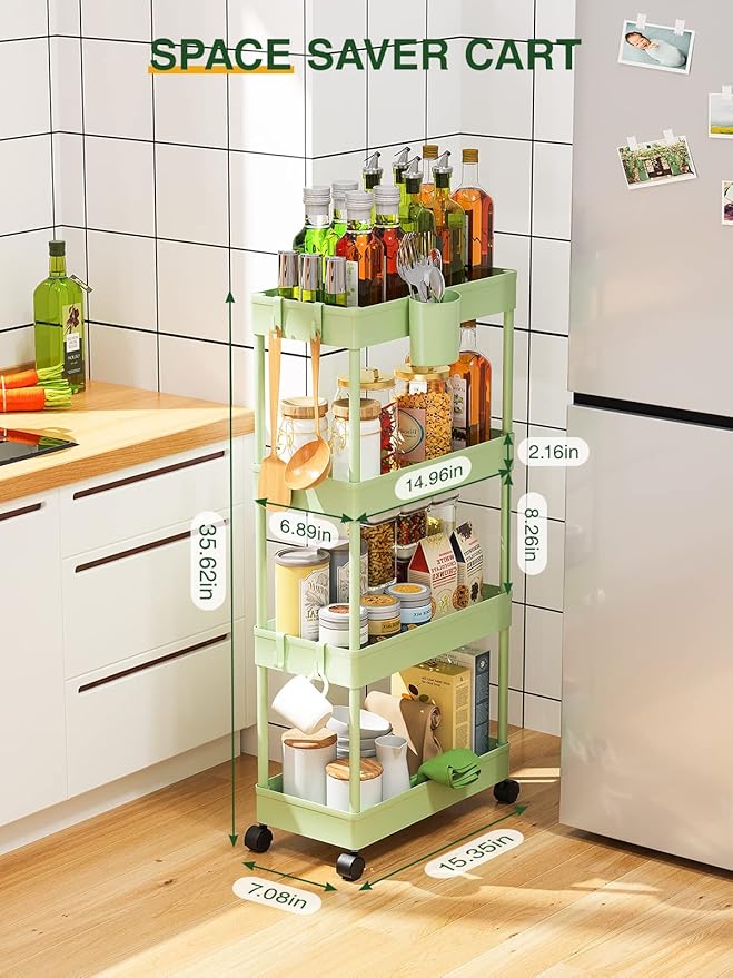 LEHOM Slim Rolling Storage Cart - 4 Tiers Bathroom Organizer Utility Cart Slide Out Storage Shelves Mobile Shelving Unit for Kitchen, Bedroom, Office, Laundry Room, Small Narrow Spaces（7.1" W+Green）
