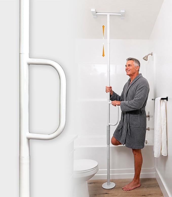 Stander Single Handle Non-Rotating Floor to Ceiling Grab Bar, No-Drill Tension Mounted Transfer Pole for Seniors, Bath Safety & Bedside Assist Rail for Home Standing Support & Fall Prevention, White
