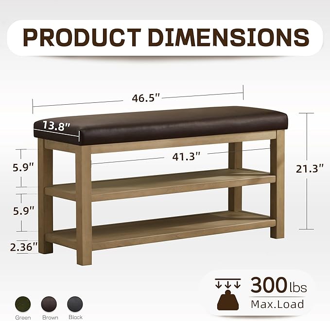 Zihanhome Shoe Rack Bench with Leather Cushion, 2 Tier Solid Wood Storage Bench, Mid-Century Modern Shoe Bench for Entryway, Hallway, Closet, Front Door Entrance, Foyer (Dark Brown, 46.5)