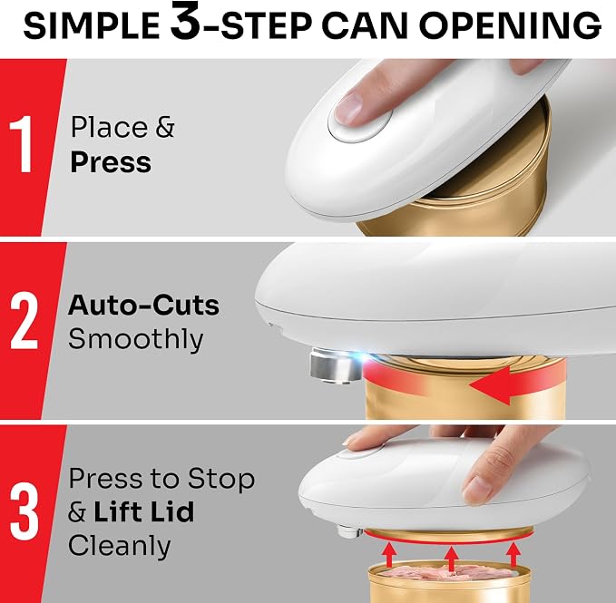 MUELLER HOME SmoothEdge Auto Electric Can Opener – Battery‑Operated One‑Touch w Magnet Lid Lifter, Smooth‑Edge Cut Technology – Portable Hands‑Free Automatic Can Opener for Seniors & Arthritis, White