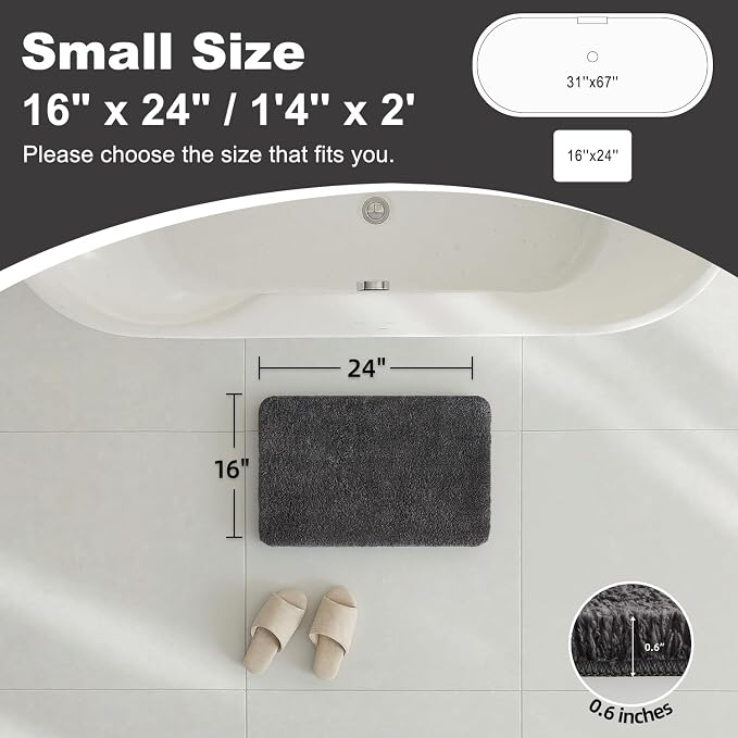 TYUU Bathroom Rugs Non Slip Washable, Ultra Soft Super Absorbent Quick Dry Small Bath Mat with Rubber Backing for Bathroom Floor, Shower, or Sink, Dark Grey 16" x 24"