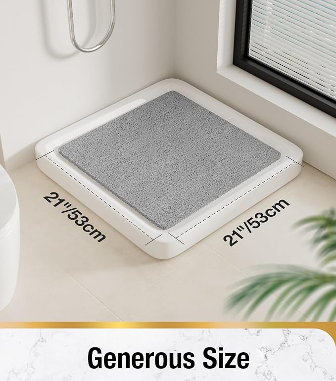 HITSLAM Square Shower Stall Mat, 21 x 21 Inch Non Slip Bath Mat for Tub, Soft PVC Loofah Bathtub Mats, Quick Drying Bathroom Shower Mat Anti Slip, Soft on Feet, Grey