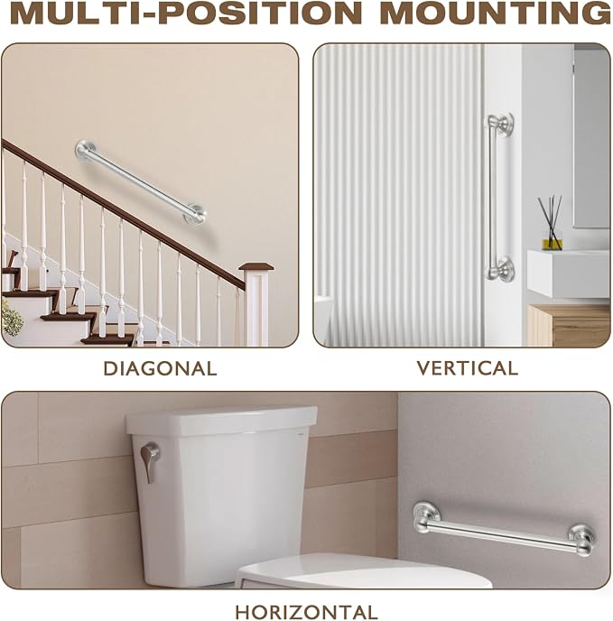 Anti Slip Shower Grab Bar, Safety Bathroom Assist Handle, ADA Compliant Handrail, Heavy Duty Handicap Grab Bars for Elderly, Injured, Senior, Children (Brushed Nickel, 24 Inches)