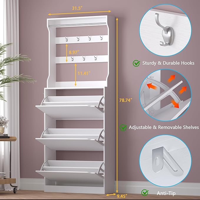 BORNOON Shoe Cabinet with 3 Flip Drawers & Coat Rack, Narrow Hidden Shoe Storage Cabinet, 2-in-1 Hall Tree Slim Freestanding Shoe Rack Organizer for Entryway, Hallway, and Living Room
