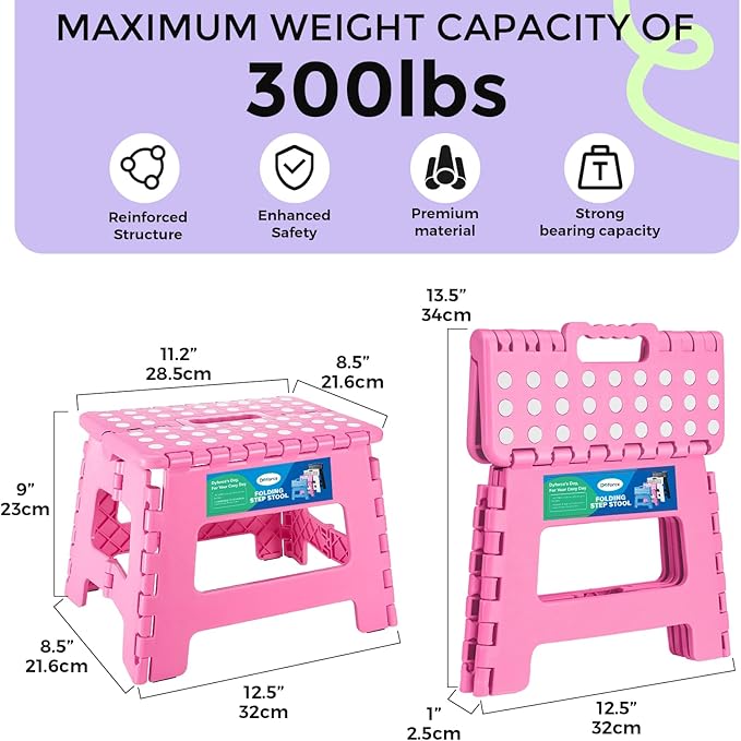 Dyforce Folding Step Stool 9 Inch, Kids Step Stool, Heavy Duty Step Stools for Adults, Compact Foot Stools, Light-Weight Toddler Step Stools for Kitchen, Bathroom, Holds Up to 300 lbs (Pink)