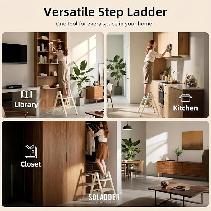 SOLADDER 2 Step Ladder, Anti-Slip and Lightweight Foldable Step Stool for Adults to Use in Kitchen, Closet and Library, 300lbs(Cream Chocalate)