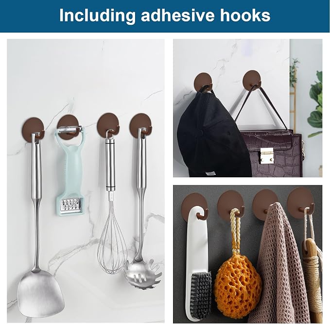 Diesisa Razor Holder for Shower + Adhesive Wall Hooks, Premium 304 Stainless Steel Shower Razor Holder with Heavy Duty Waterproof Sticky Hooks for Hanging Towels, Coat, hat (2+2 Pack)-Brown