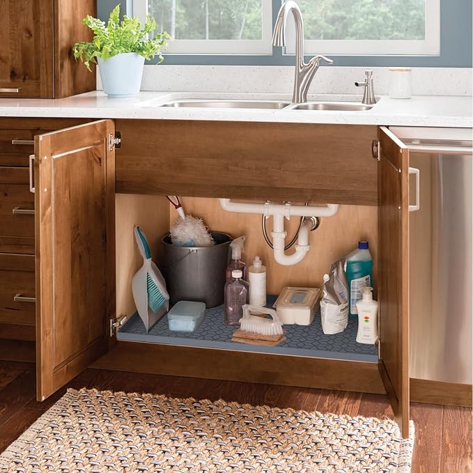Under Sink Mats 34"x22" for Kitchen, Silicone Waterproof Liner, Sink Silicone Tray with Drain Hole, Storage and Organizers, Cabinet and Counter Protector,Litter Mat, Pet Cat Puppy Essentials