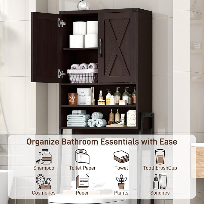Vabches Over The Toilet Storage Cabinet, Farmhouse Over Toilet Storage Cabinet, Metal Frame with Barn Doors, Home Space-Saving Toilet Rack for Bathroom, Toilet, Laundry Room