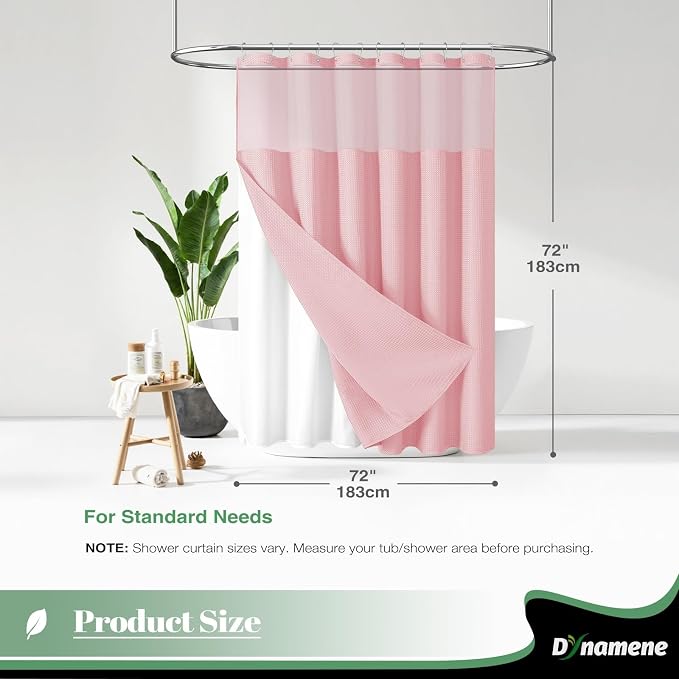 Dynamene Fabric Shower Curtain with Snap in Liner, Pink Waffle Hotel Shower Curtains for Bathroom, Washable Waterproof Cloth Shower Curtain Liner Set with Plastic Hook, Mesh Top Window, 72x72, Pink