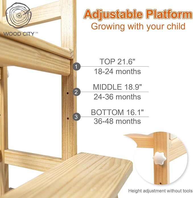 Kitchen Step Stool for Toddlers with Non-Slip Mat, WOOD CITY Wooden Kids Montessori Learning Stool Tower, Toddler Standing Tower Helper for Kitchen Counter and Bathroom Sink (Burlywood-Adjustable)