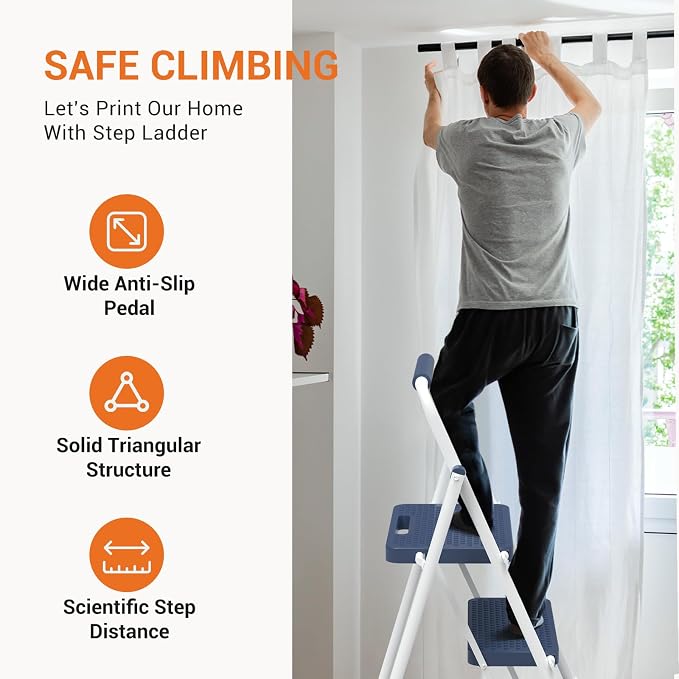 Sweetcrispy Folding 2 Step Ladder Stool - Lightweight, 800lbs Sturdy, with Anti-Slip Feet - Perfect for Home, Kitchen, and Office Use, Easy Storage and Portable Design, Blue