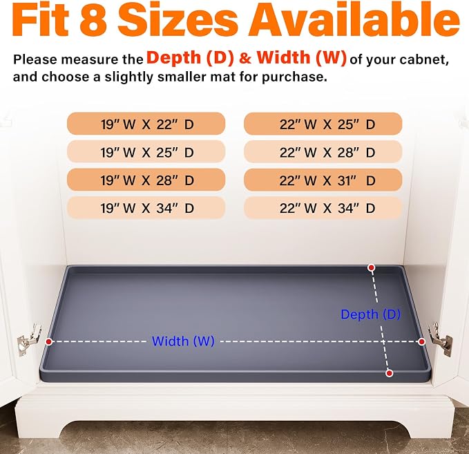 FLATO Waterproof Under Sink Mat 37" x 19" Shelf Liner for Kitchen and Bathroom, Cabinet Protector, Organizers and Storage, Flexible Silicone Drip Tray