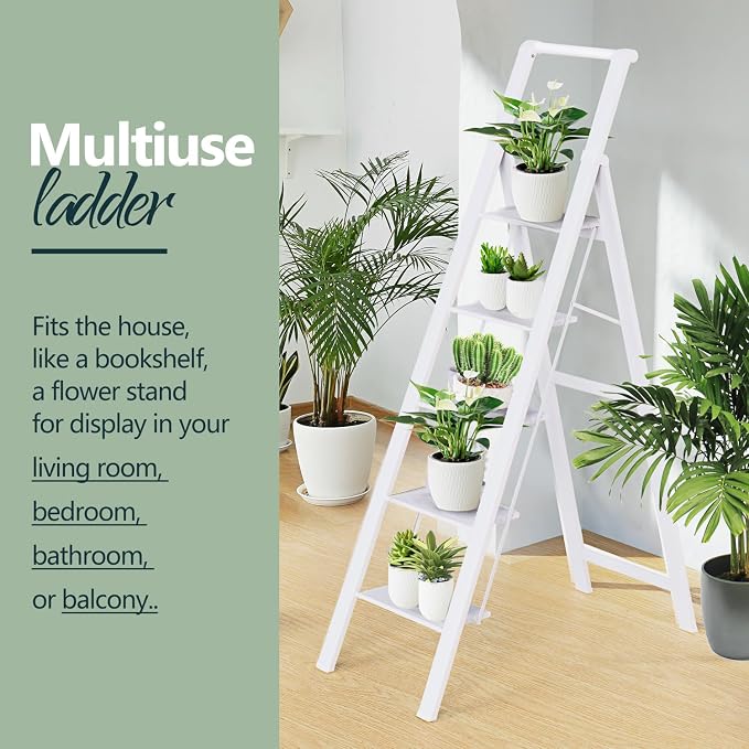 WOA WOA 5 Step Ladder, Ladders for Home, Anti-Slip Pedals, Step Stool Foldable, Lightweight to Move, Ease of Storage, Reach 10ft for Closet Kitchen Library, Hold 300lbs - White