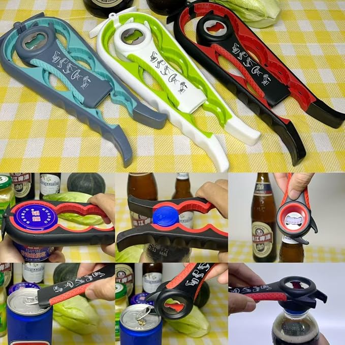 Multi-Function Bottle and Jar Opener, 6-in-1 Kitchen Tool,Glass Can Opener,Suitable for Kitchens and Dining Rooms,Can be Easily Opened by Women,Children and the Eldlely(Red)