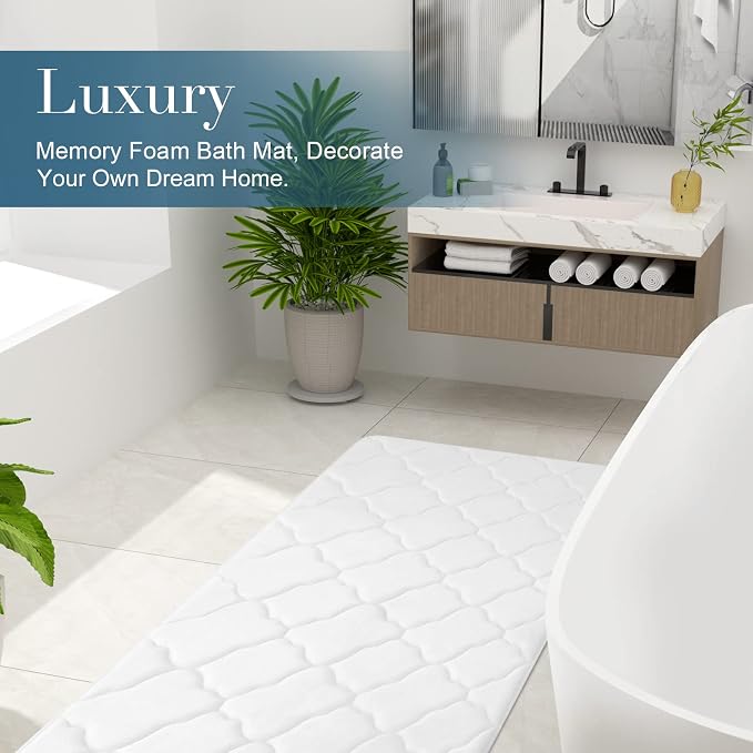 OLANLY Memory Foam Bath Mat Rug 59x34, Ultra Soft and Absorbent Bathroom Rugs, Non-Slip, Comfortable, Machine Washable Bath Carpet for Bathroom Floor, Tub, Shower and Home Decor Accessories, White