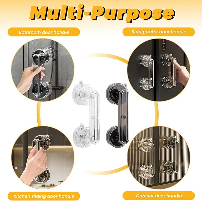 Huakaile 2 Pieces Transparent Gray Suction Cup Handle for Sliding Glass Door, Hole-Free Waterproof Suction Grab Bars for Shower Heavy Duty Window Kitchen Drawer Bathroom (Transparent Gray)