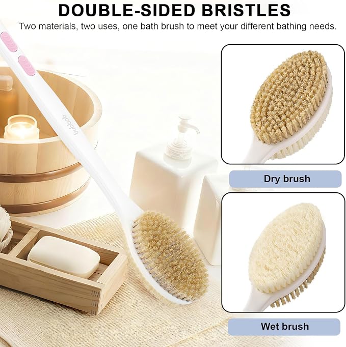 Back Scrubber for Shower with Long Handle, Exfoliating Bath Brush for Body - Double Sided Bristles (Stiff & Soft), Anti-Slip Grip, Lightweight - Gift for Seniors, Includes Lanyard & Hook, Pink