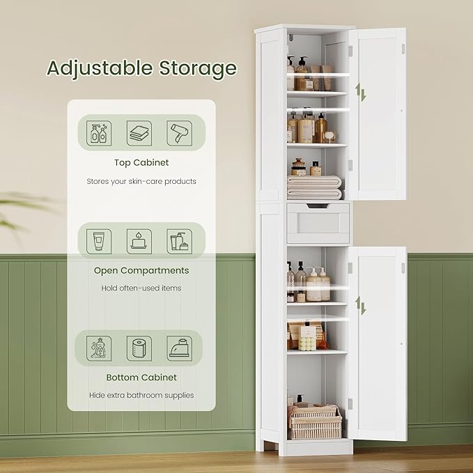 Iwell Tall Bathroom Cabinet, Slim Narrow Bathroom Storage Cabinet with Adjustable Shelves, Storage Cabinets with 1 Drawer, for Bathroom, Living Room, Entryway, Kitchen, White