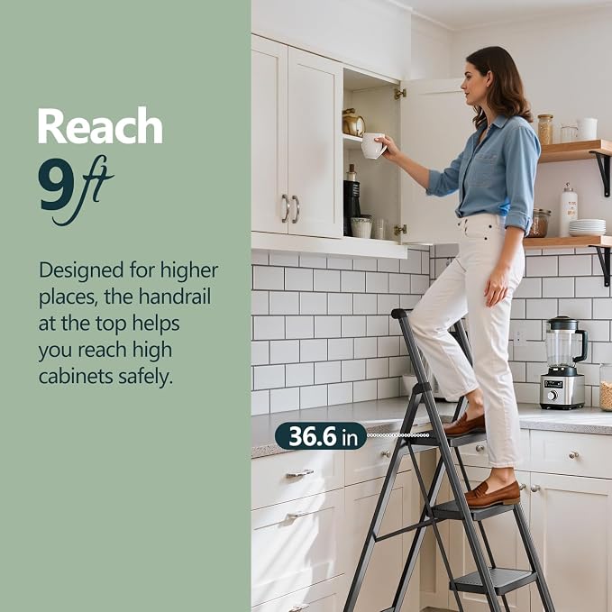 WOA WOA Step Ladder for Home, Foldable Step Stool for Kitchen with Non-Slip Pedals, Sturdy Ladders Supports up to 330 lbs, Compact and Portable - 4 Step with Handle/Black