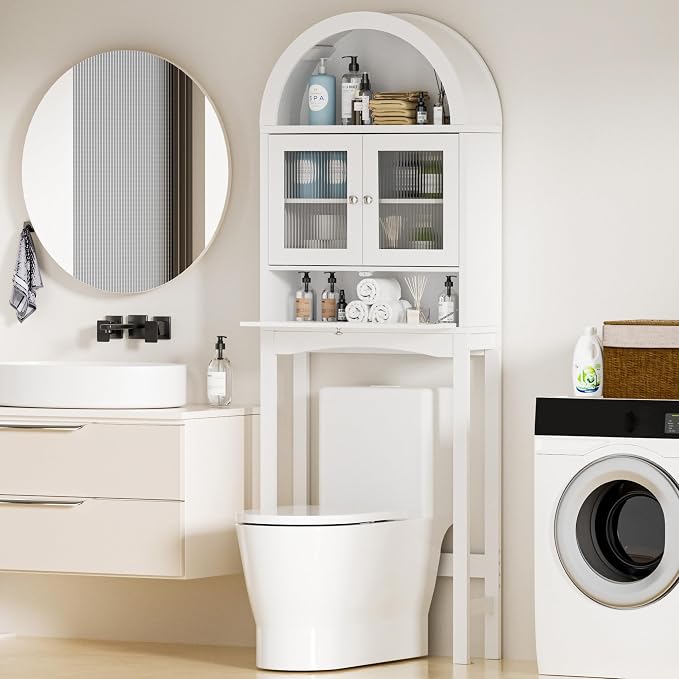 Spurgehom Over The Toilet Storage Cabinet, Bathroom Shelf Organizer Freestanding, Bathroom Arch Cabinet Over Toilet with Glass Door and Anti-Tipping Device, White