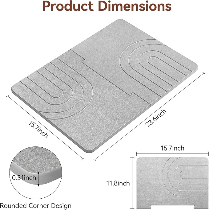 Luxspire Stone Bath Mat, Quick Drying Diatomaceous Earth Bath Mat for Bathroom, Large Bathroom Rug Non Slip, Water Absorbing Shower Mat, Stone Drying Mat for Kitchen Counter, 24 x 16 in, Gray
