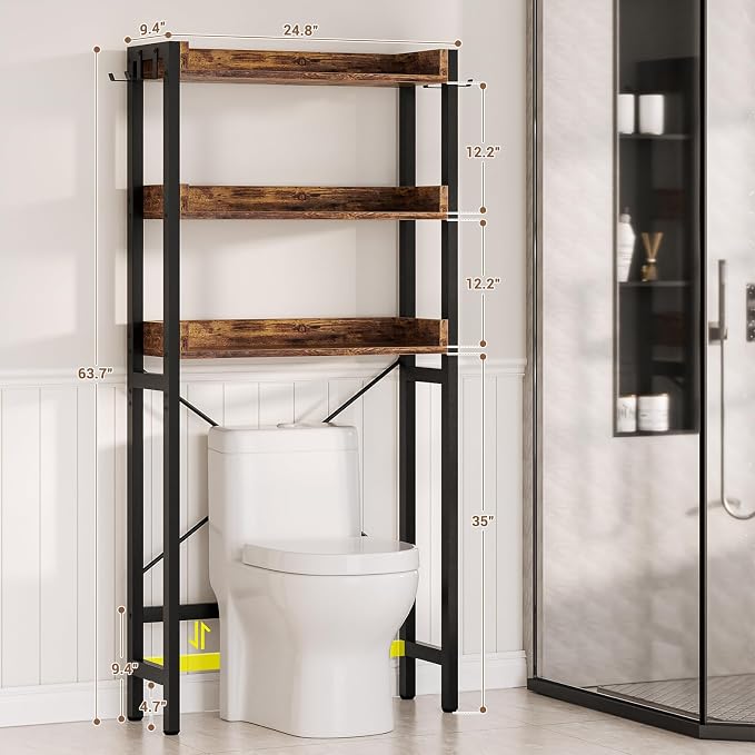 Besiost Over The Toilet Storage Rack - 3 Tier Bathroom Organizer with Shelves, Freestanding Space Saver Storage Rack Above Toilet Stand with 4 Hooks for Restroom, Laundry, Rustic Brown