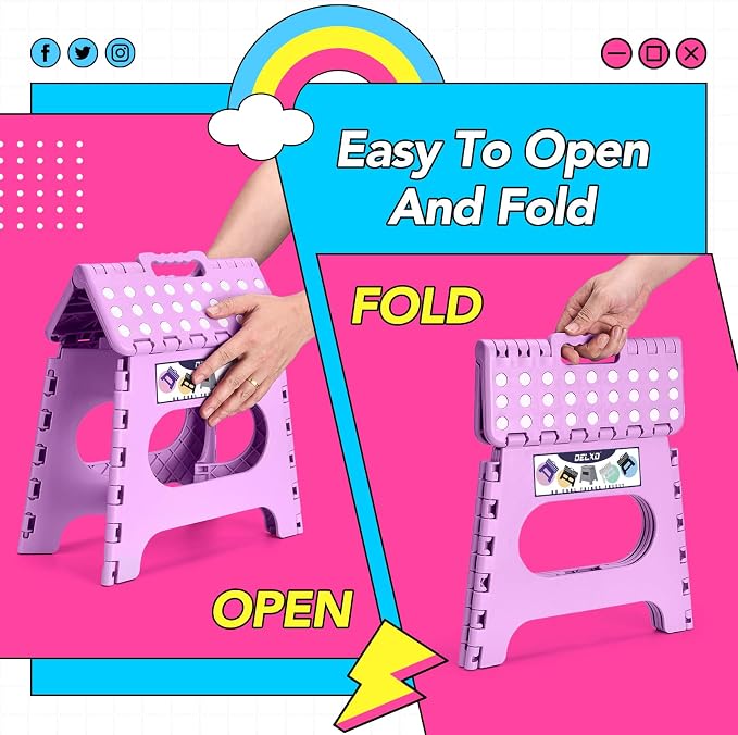 Delxo 11 inch Folding Step Stool, Non-Slip Foldable Stools Up to 300 LBS, Step Stool with Handle, Lightweight for Kitchen, Bathroom, Bedroom, Garden, Light Purple, 1PC