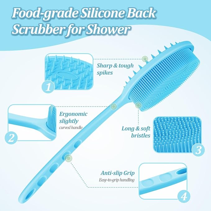 Silicone Back & Face Scrubber & Bath Glove Set 3PCS, 13.4'' Gentle Back Scrubber with Dual-Side Head, 360° Anti-Slip Bath Glove, Unique Side-bristled Face Scrubber for All-Round Cleaning(Blue)