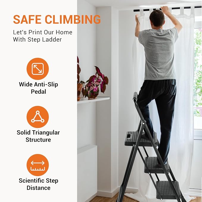 Sweetcrispy Folding 3 Step Ladder Stool - Lightweight, 800lbs Sturdy, with Anti-Slip Feet - Perfect for Home, Kitchen, and Office Use, Easy Storage and Portable Design