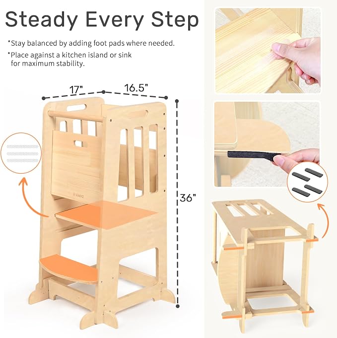 WINGYZ Toddler Tower - Anti-Tip Natural Wood Learning Stool Helper for Kids 18M-6Y, 150lb Capacity Kitchen Stool with 3-Height Adjustable Platform and Sliding Door Access, 20lb Portable Design, Wood