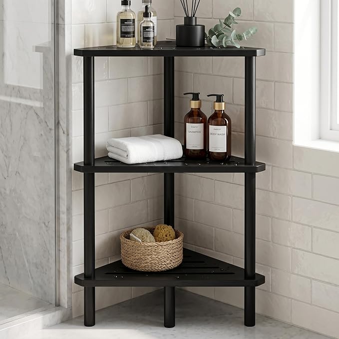 3-Tier Black Free Standing Corner Shower Caddy, Bamboo Wood Bathroom Shower Shelf Table for Inside Shower Organizer & Storage Foot Rest Shower Stool
