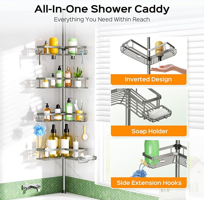 HAMITOR Shower Caddy Tension Pole: 4-Tier Corner Rustproof Bathroom Organizer with Soap Holder - No-Drill Adjustable Shower Shelf for Renters - Small Space Storage Rack for Apartment - 47-123 Inch