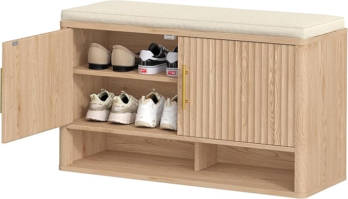 Fluted Shoe Storage Bench with Cushion, Entryway Bench with Adjustable Shelves and Open Bottom Shelf, Hidden Shoe Cabinet Storage for Entryway, Hallway, Living Room, Bedroom, Natural Oak