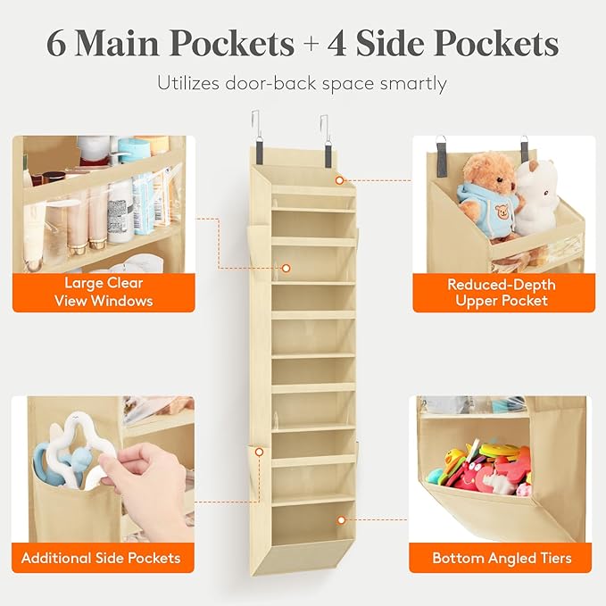 Lifewit 1 Pack Over the Door Organizer, 6 Section Clear Window Hanging Storage with 4 Side Pockets, Sturdy Anti Tilt 40 lbs Load Behind Door for Closet, Bedroom, Bathroom, Nursery, Dorm, Beige