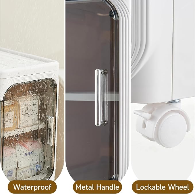 UFORU 2-Tier Narrow Storage Cabinet with Magnetic Doors and Shelves, Plastic Slim Bathroom Organizers and Storage with Wheels for Small Spaces Bathroom, Kitchen, Cream White