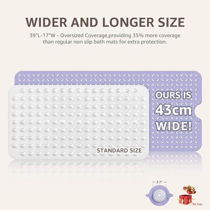 OTHWAY Bath Mat for Tub Non Slip: 39" X 17" Long Bathtub Mat with Hair Catcher│Big Drain Holes Shower Mats for Inside Shower│Machine Washable (Lavender)