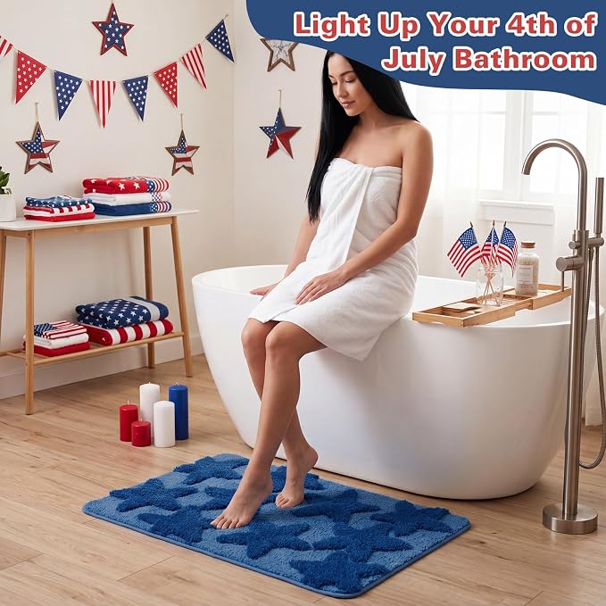 Capoda 1 Pcs Patriotic Bathroom Rug 20 x 30 Inch 4th of July Star Bath Mat Non-Slip Soft Microfiber 4th of July Shower Rug for Independence Day Home Kitchen Bathroom Entrance Decor(Star, Blue)
