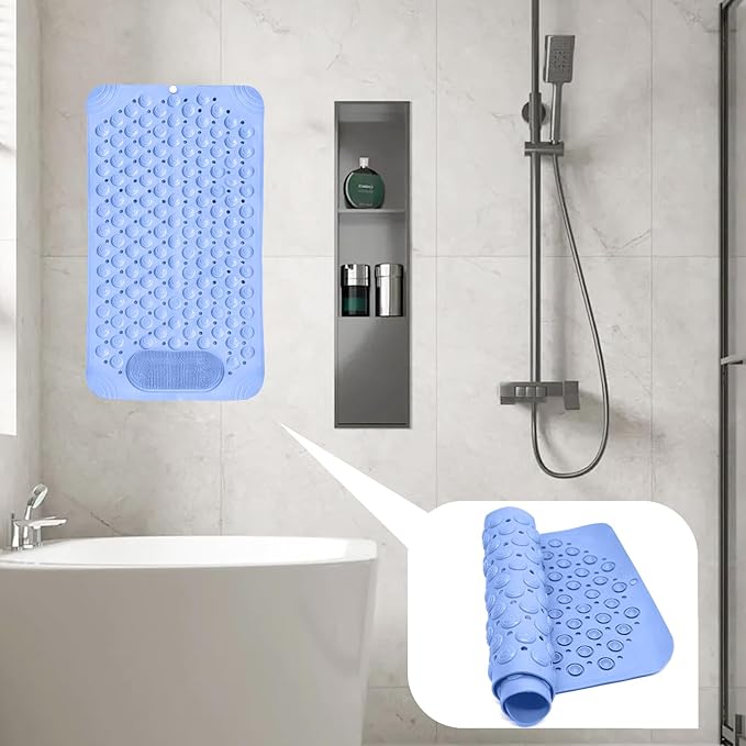 Bathtub Mat, 27x14 inch Non-Slip Bath Tub and Shower Mat with Suction Cups, Bathroom Bathtub Mats with Drain Holes Suction Cups, Machine Washable (Blue