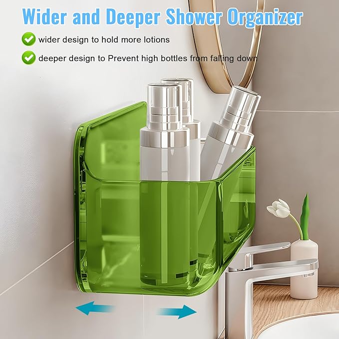 CGBE 2 Packs Cabinet Door Organizer, Acrylic Adhesive Shelf Wall Mounted Storage, Self Adhesive Shower Shelves Without Drilling, Automatic Draining Clear Shower Organizer for Bathroom (Green)