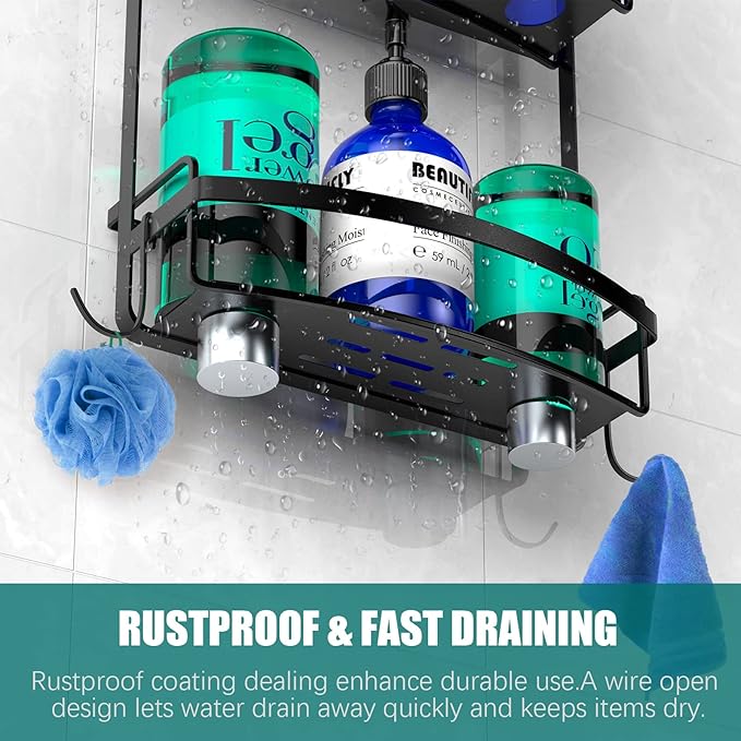 Meangood Shower Caddy Over Shower Head, Black Anti-Swing Hanging Shower Caddy with 4 Remove Hooks for Razor, Sponge, Towels Rustproof Shower Organizer for Bathroom