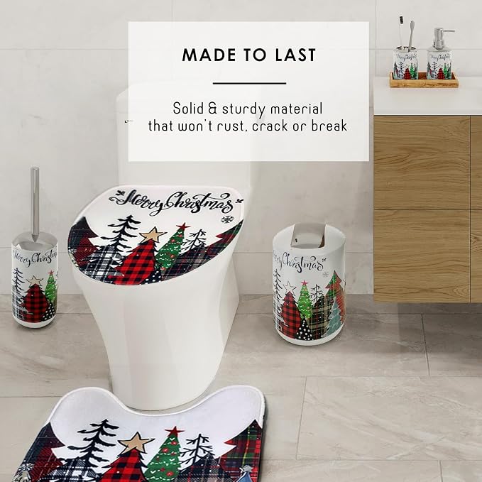 Clara Clark Bathroom Accessories Set - Christmas Bathroom Set with Adhesive Corner Shower Caddy Hanging, 24PC Bathroom Accessory Set, Christmas Shower Curtain Set with Toilet Brush and Trash Can
