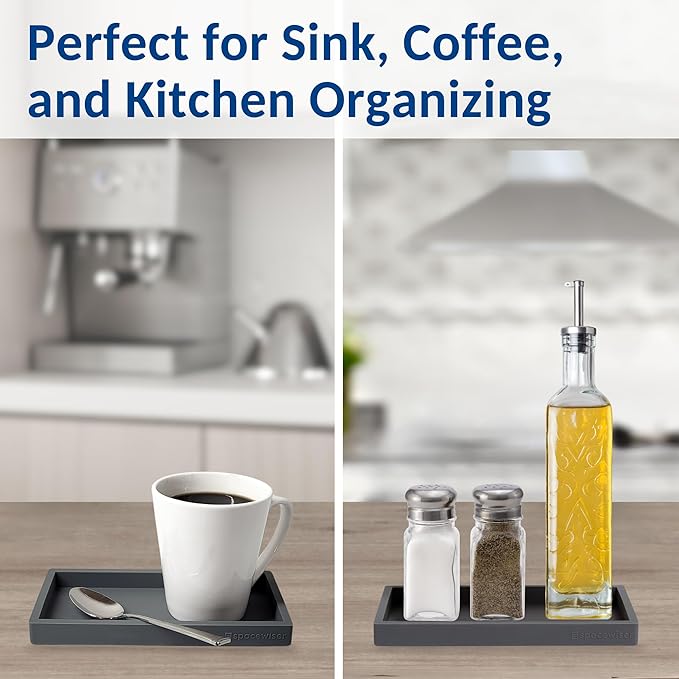Spacewiser Countertop and Vanity Tray - 2 PC Small 7.7" Silicone Bathroom Trays, Kitchen Soap Tray, Dish Sponge Soap Holder Kitchen Sink Organizer Caddy, Bathroom Counter Trays for Lotion Dispenser