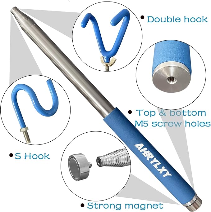 Telescoping Pickup Tool Magnetic Pole with 3 Hooks, 10 FT Telescopic Push Pull Rod Wire Reacher Grabber Disc Golf Retriever, Disc Golf Accessories