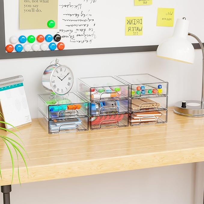 Yieach 4 Pack Small Clear Stackable Storage Drawers,2.2'' Tall Desk Organization and Storage,Plastic Office Supply Organizer,Acrylic Storage Containers for Makeup,Hair Clip,Accessory,Pen,Art Crafts