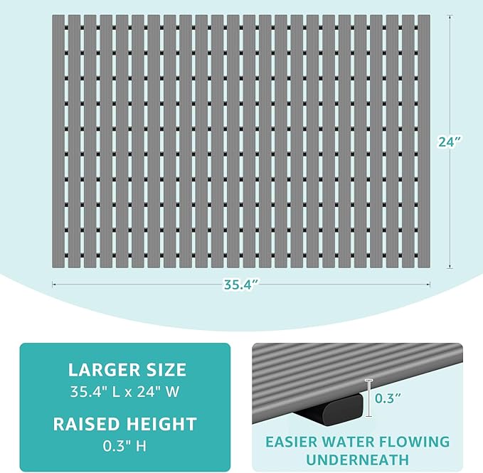 OTHWAY Large Shower Mat, 35.4 x 24 Inch No Suction Cup Shower Mat Non Slip, Quick Drain Large Non Slip Shower Mats for Inside Shower, Heavy Duty Curlable PVC Shower Floor Mat, Dark Grey