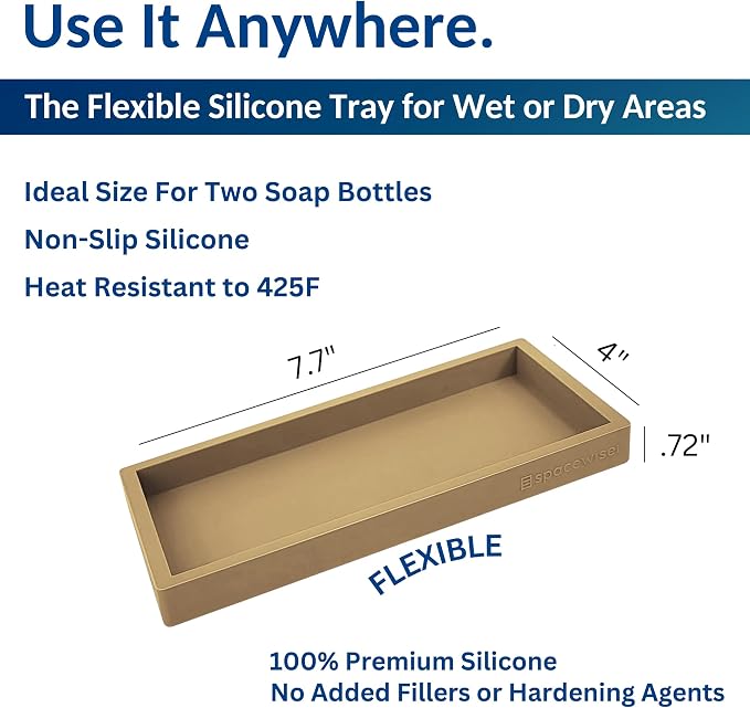 Spacewiser Countertop and Vanity Tray – Small 7.7" Silicone Soap Dispenser Trays, Flexible Bathroom Trays, Dish Soap Holder Kitchen Counter Caddy, Organizer Sink Tray for Soaps Bottles, Sponge, Keys